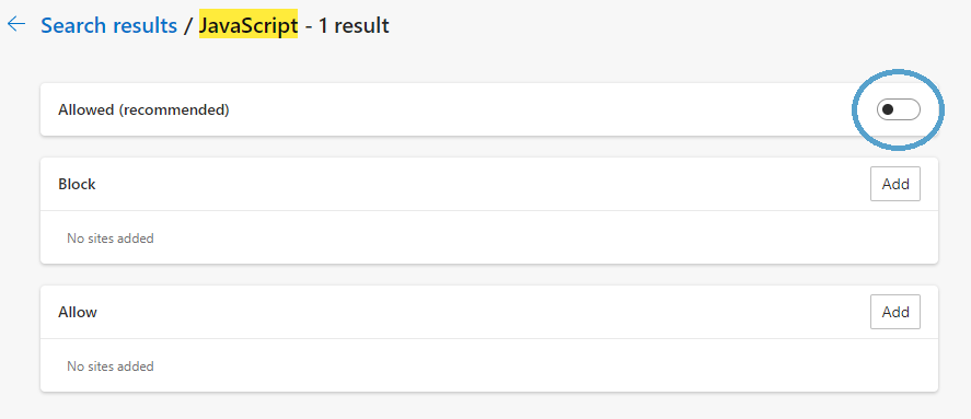 Screengrab showing the javascript options.