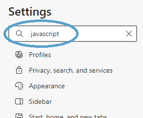 Screengrab showing the search field with javascript typed in.